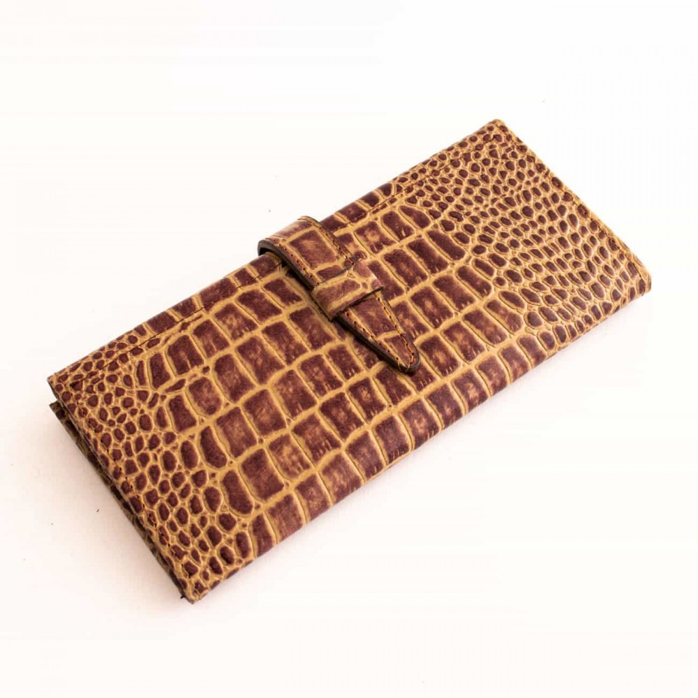 کیف پول چرم طبیعی کتی طرح کروکودیل یراق چرم اناری کد 146