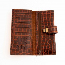 کیف پول چرم طبیعی کتی طرح کروکودیل یراق چرم اناری کد 150
