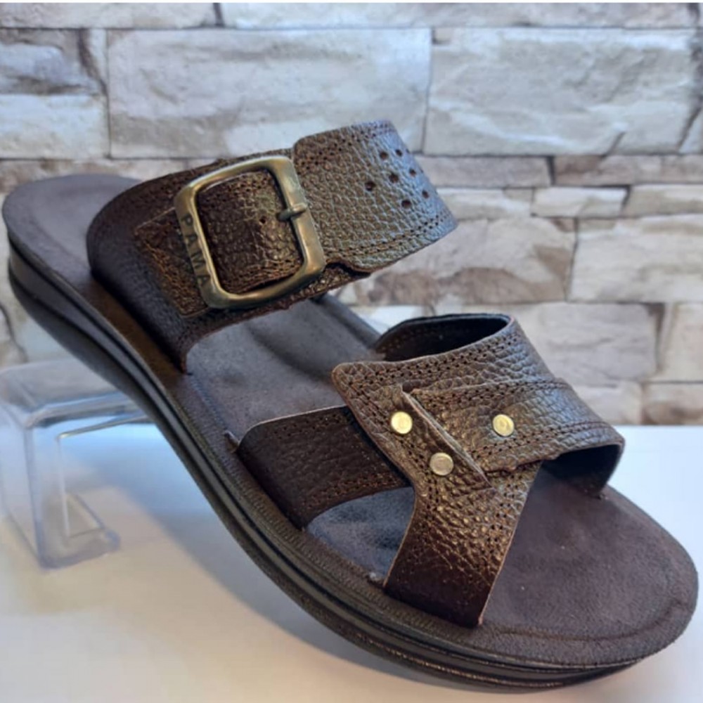 صندل چرم طبیعی مردانه مدل آراز قهوه‌ای