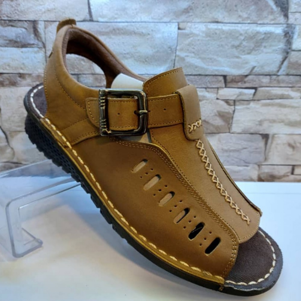 کفش چرم طبیعی مردانه تابستانی نبوک مدل آریا خاکی