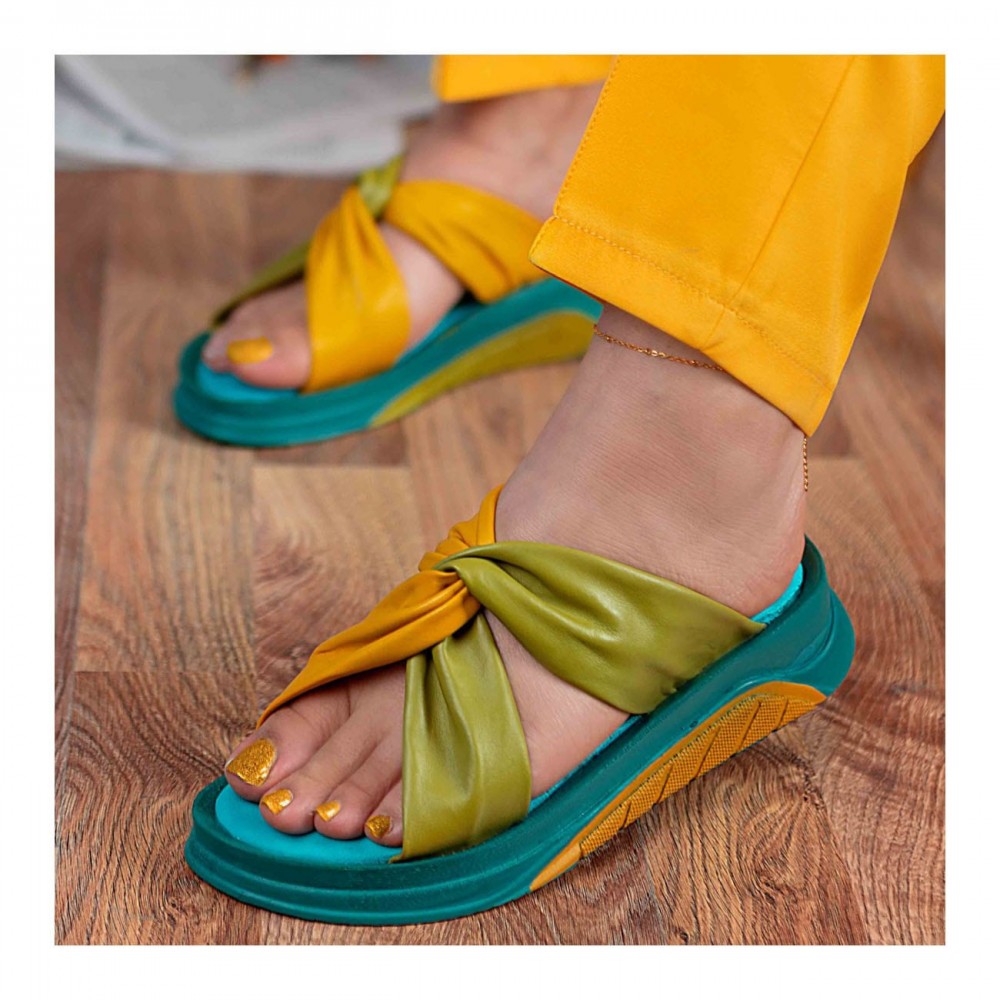 صندل طبی چرم طبیعی زنانه مدل سانیا کد 219 سبز-زرد Sanya