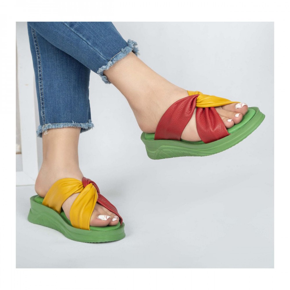 صندل طبی چرم طبیعی زنانه مدل سانیا کد 219 زرد-قرمز Sanya