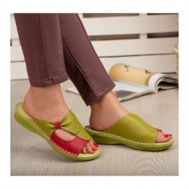 صندل طبی چرم طبیعی زنانه مدل مارال کد 216 سبز روشن-قرمز Maral