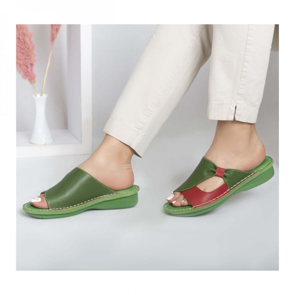صندل طبی چرم طبیعی زنانه مدل مارال کد 216 سبز-قرمز Maral