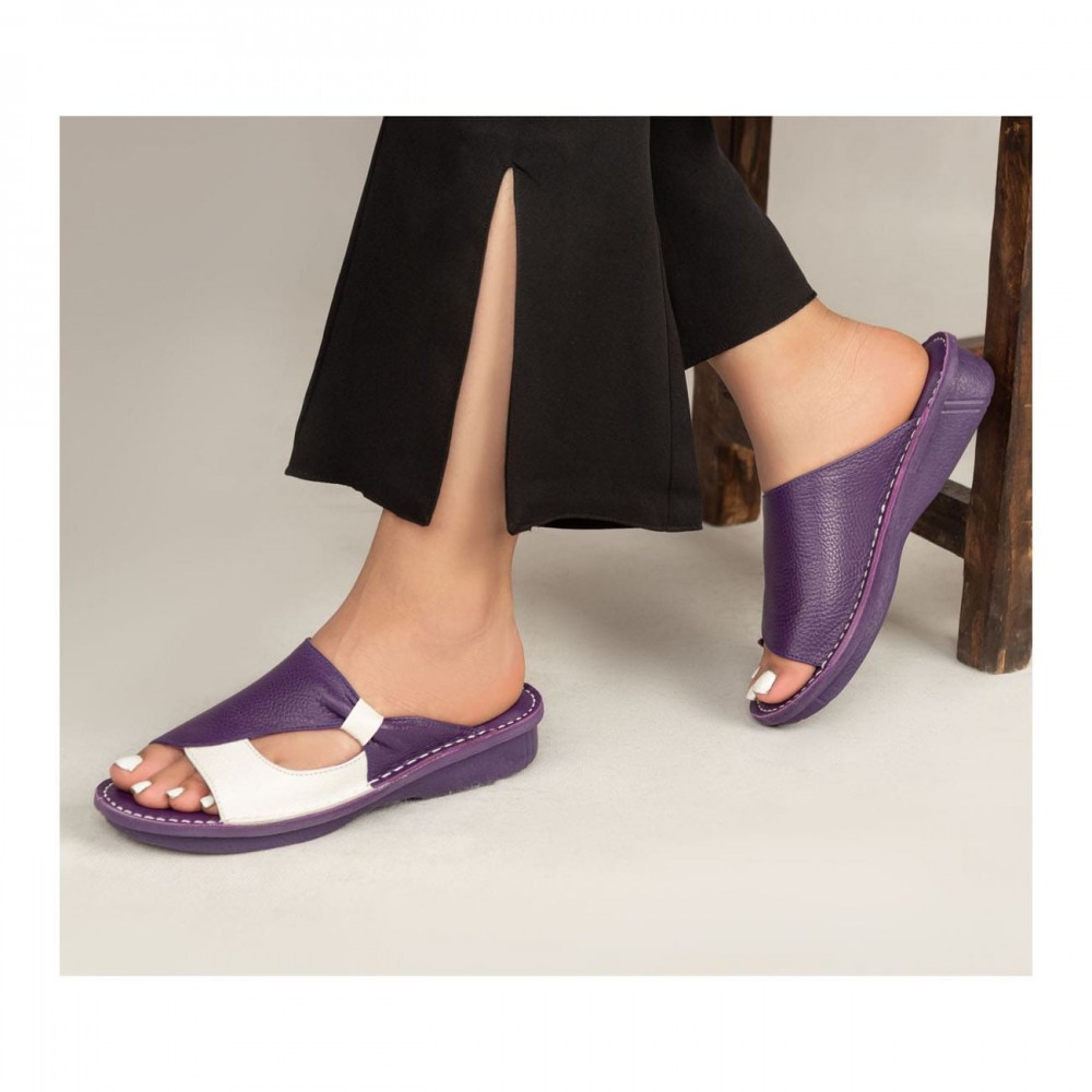 صندل طبی چرم طبیعی زنانه مدل مارال کد 216 بنفش-سفید Maral