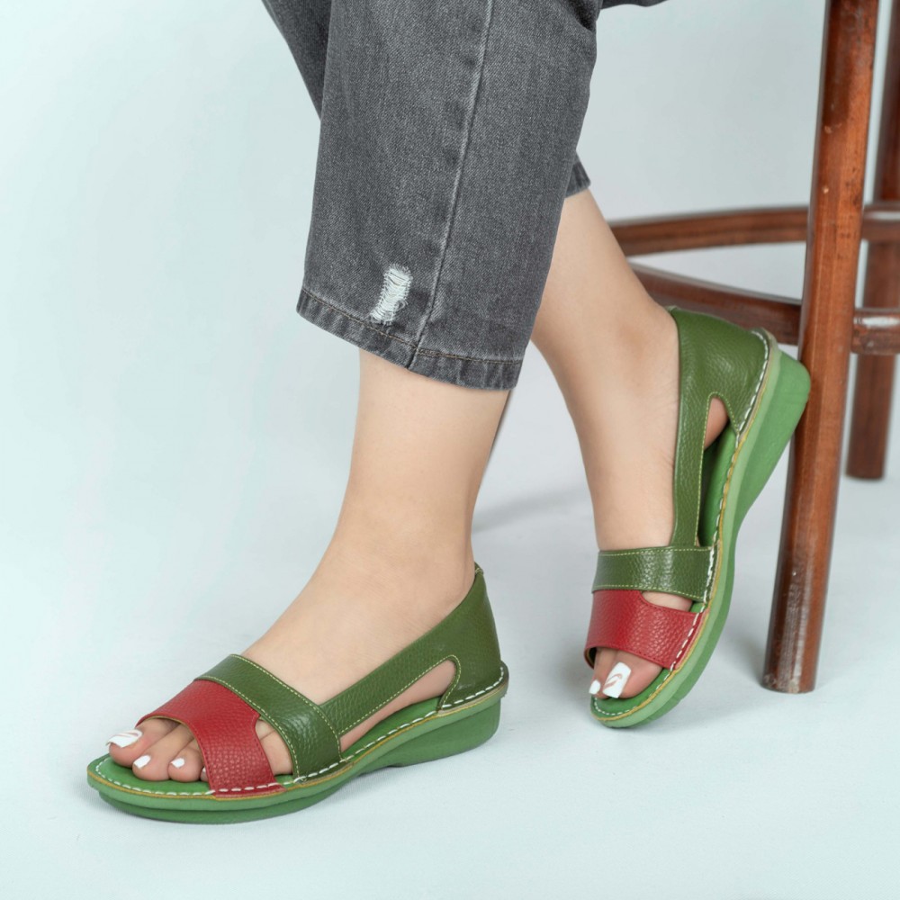 کفش طبی چرم طبیعی زنانه تابستانی مدل رومینا سبز قرمز romina