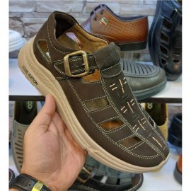 کفش چرم طبیعی نبوک مردانه تابستانی مدل جاوید قهوه‌ای تیره