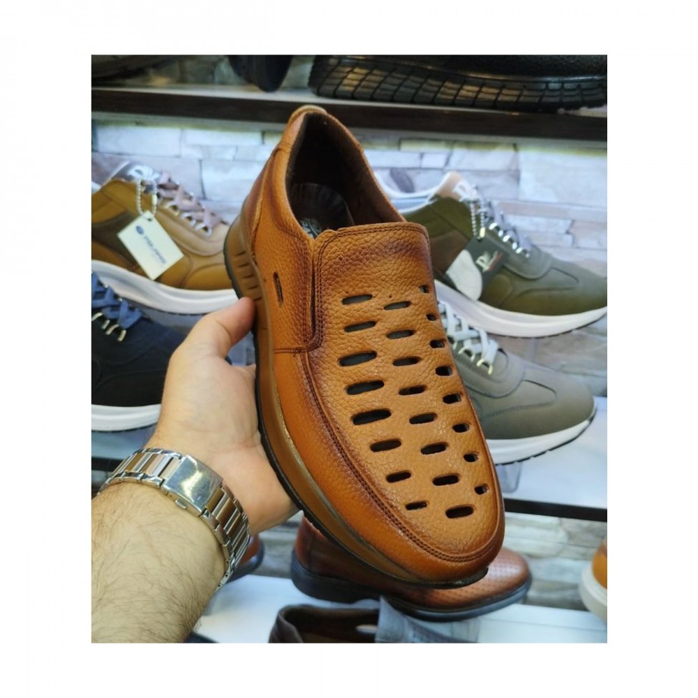 کفش چرم طبیعی مردانه تابستانی مدل آرمین عسلی Armin