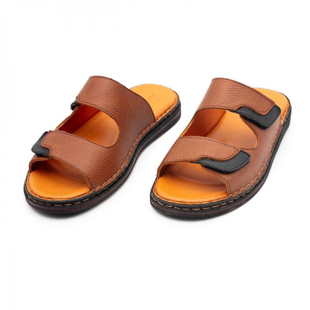 صندل طبی چرم طبیعی مردانه مدل دی ام 6 عسلی-مشکی DM6