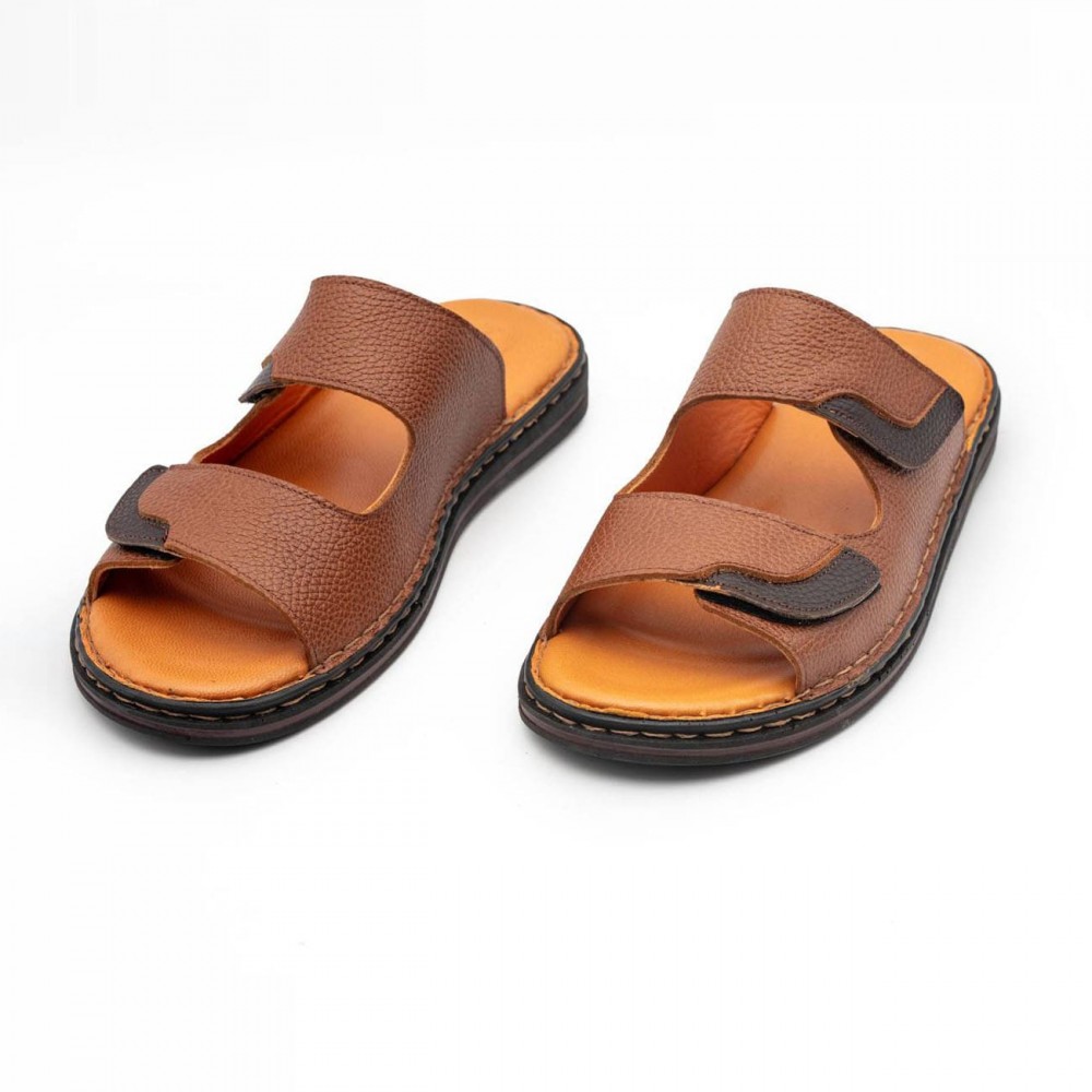 صندل طبی چرم طبیعی مردانه مدل دی ام 6 عسلی-قهوه‌ای DM6