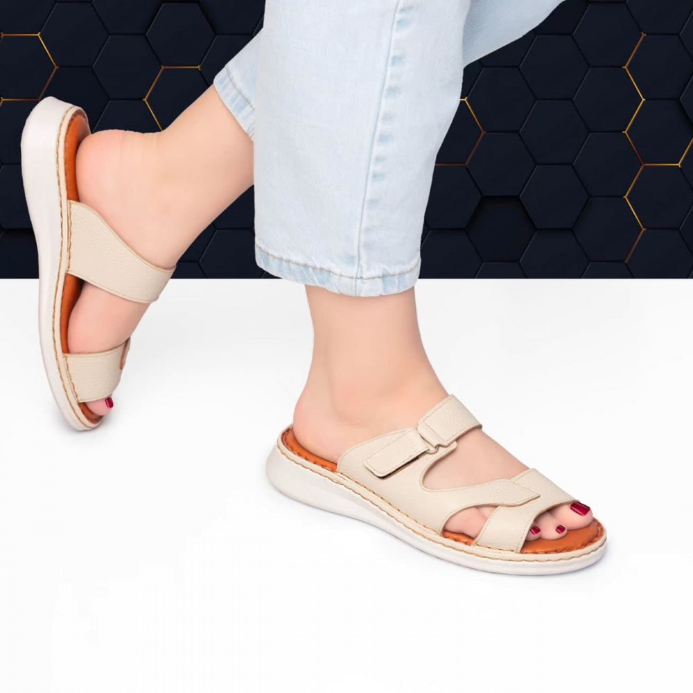 صندل طبی چرم طبیعی زنانه مدل ام3 کرمی M3