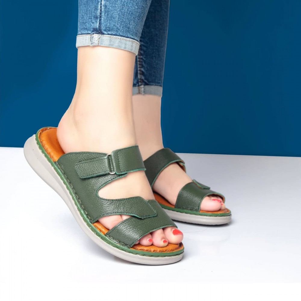 صندل طبی چرم طبیعی زنانه مدل ام3 زیتونی M3