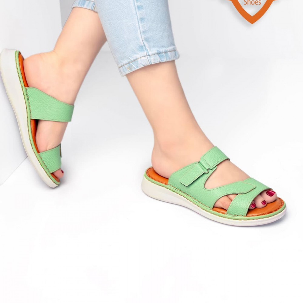 صندل طبی چرم طبیعی زنانه مدل ام3 سبز روشن M3