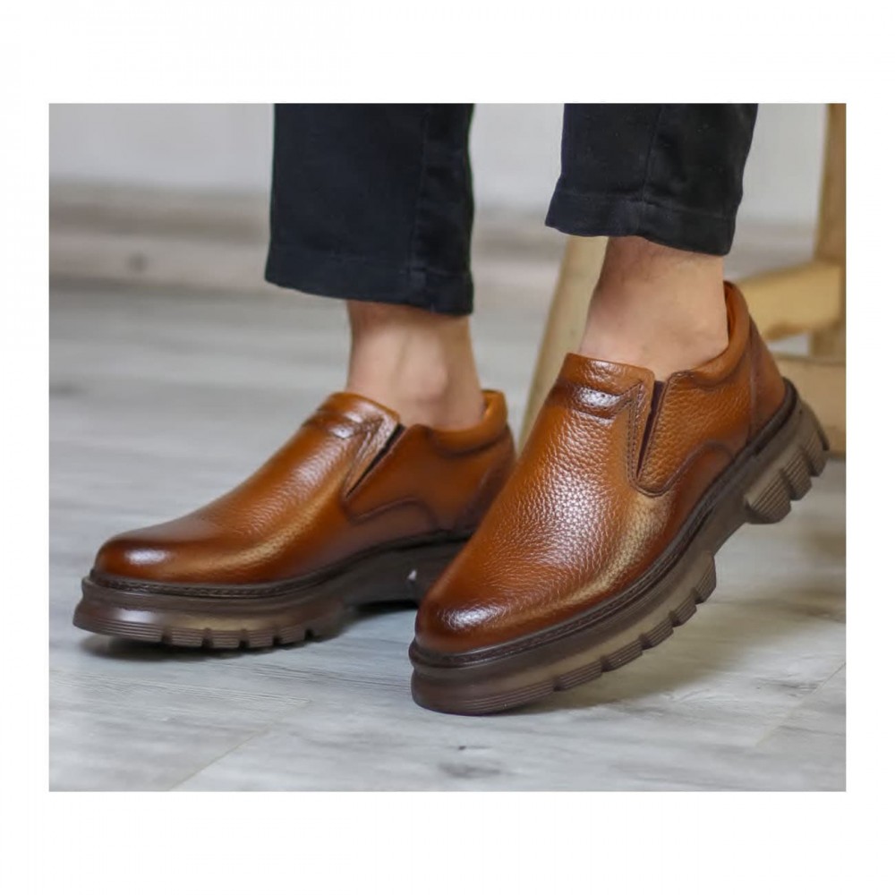 کفش چرم طبیعی مردانه مجلسی مدل ال 30 بی بند عسلی L30