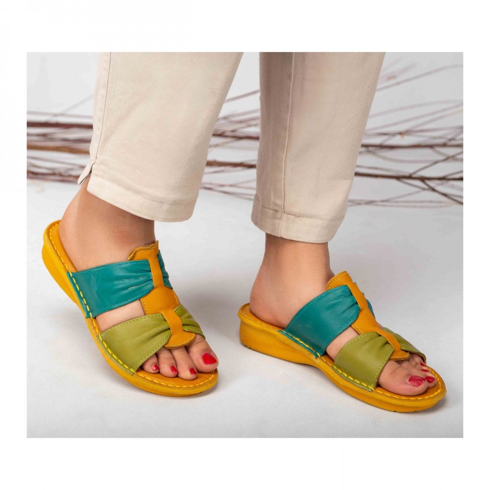 صندل طبی چرم طبیعی زنانه کد 215 زرد-سبز