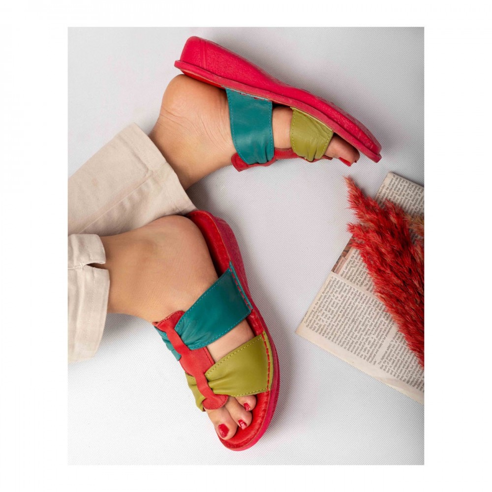 صندل طبی چرم طبیعی زنانه کد 215 قرمز-سبز