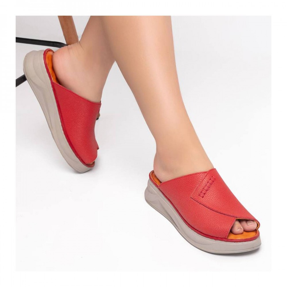 دمپایی و صندل طبی زنانه چرم طبیعی مدل ملورین قرمز Melorin| دست‌دوز، زیره ترک، تولید تبریز