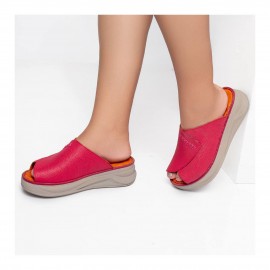 دمپایی و صندل طبی زنانه چرم طبیعی مدل ملورین سرخابی Melorin| دست‌دوز، زیره ترک، تولید تبریز