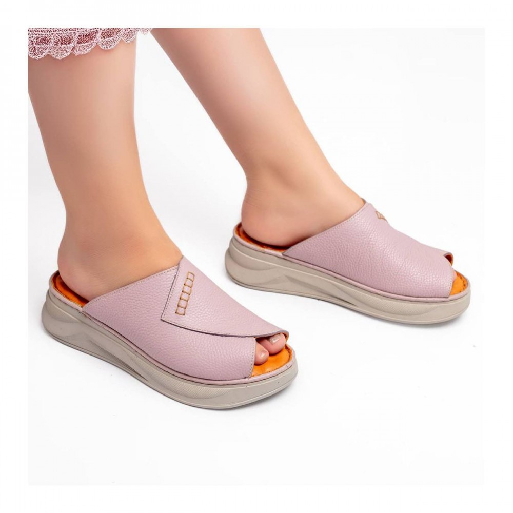 دمپایی و صندل طبی زنانه چرم طبیعی مدل ملورین یاسی Melorin| دست‌دوز، زیره ترک، تولید تبریز