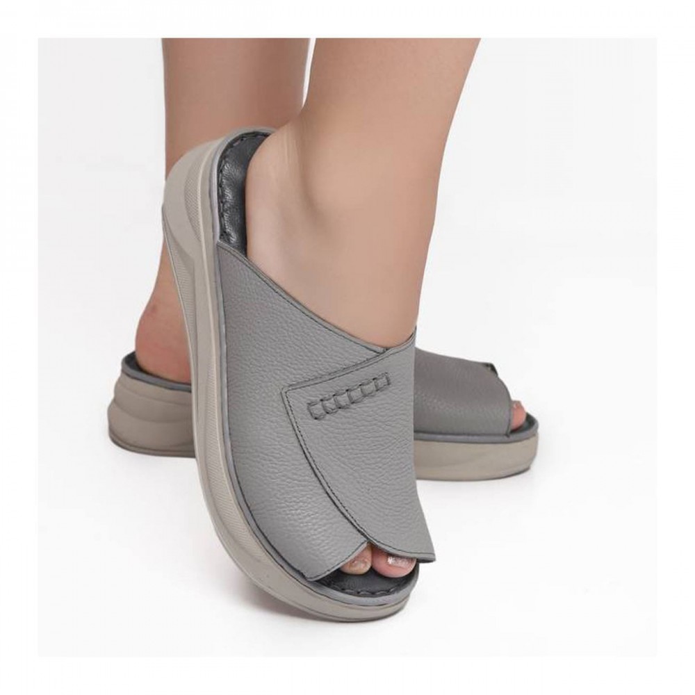 دمپایی و صندل طبی زنانه چرم طبیعی مدل ملورین طوسی Melorin| دست‌دوز، زیره ترک، تولید تبریز