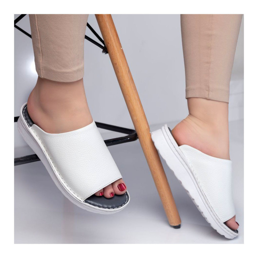 دمپایی و صندل طبی زنانه چرم طبیعی مدل ونوس سفید Venus | دست‌دوز، تولید تبریز