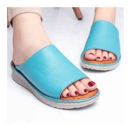 دمپایی و صندل طبی زنانه چرم طبیعی مدل ونوس آبی روشن Venus | دست‌دوز، تولید تبریز