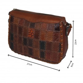 کیف چرم طبیعی دوشی عسلی مدل تکه دوزی 