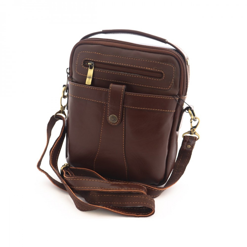 کیف چرم طبیعی اسپورت دستی و دوشی مدل آریا قهوه‌ای