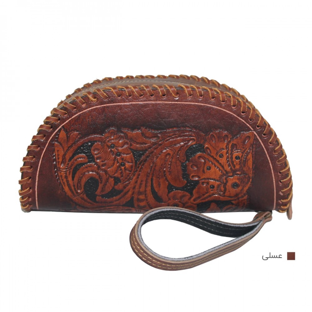 کیف آرایشی چرم طبیعی زنانه مدل شب کنده عسلی shabkande