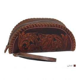 کیف آرایشی چرم طبیعی زنانه مدل شب کنده عسلی shabkande