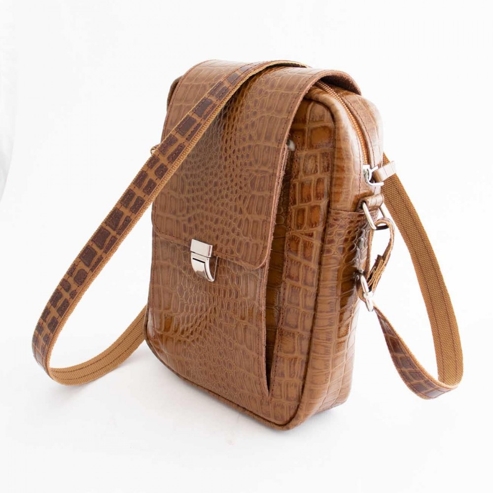 کیف چرم طبیعی اسپورت دوشی مدل اس20 عسلی s20 طرح کرکودیلی