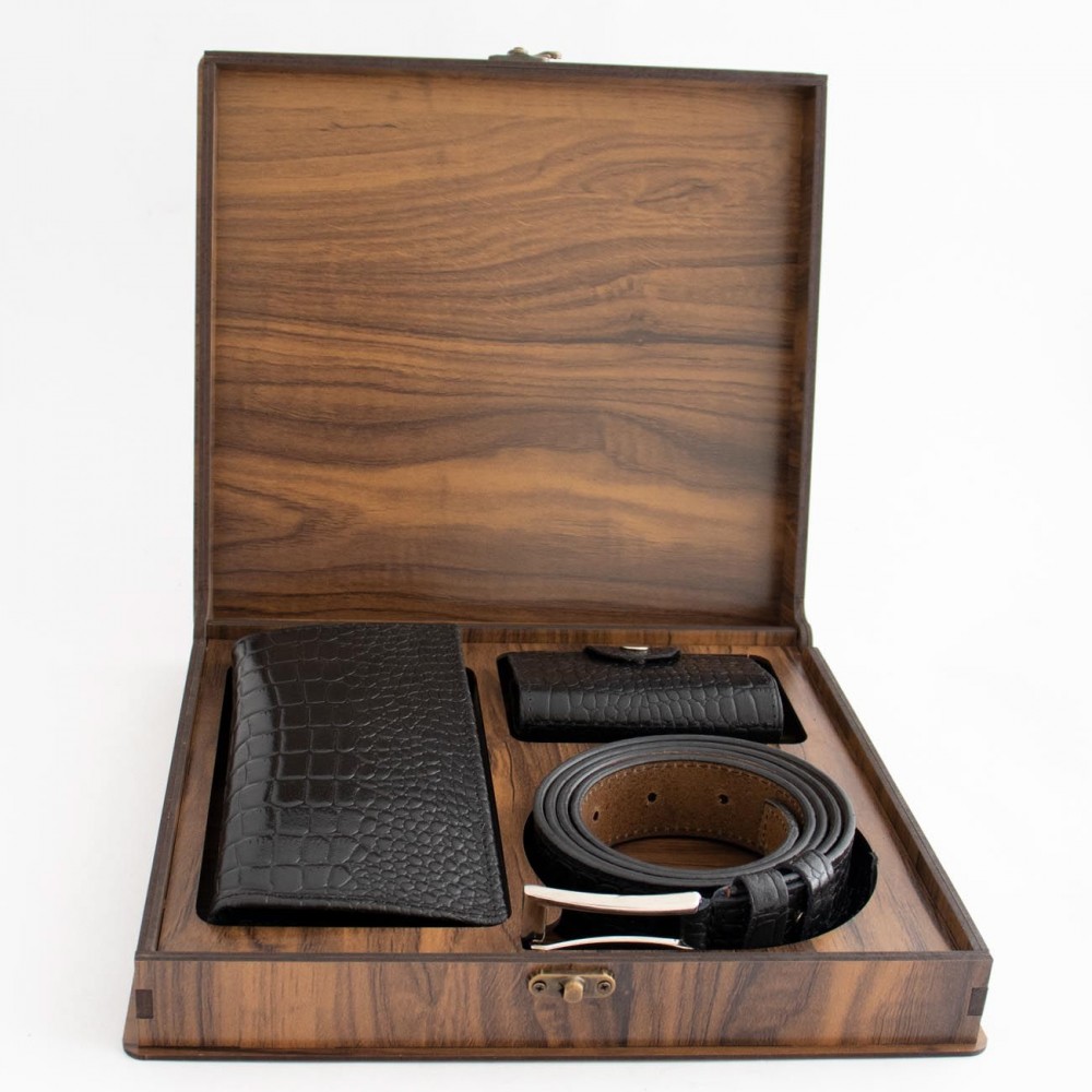 ست کیف و کمربند چرم طبیعی طرح کروکودیل مردانه مشکی کد 103