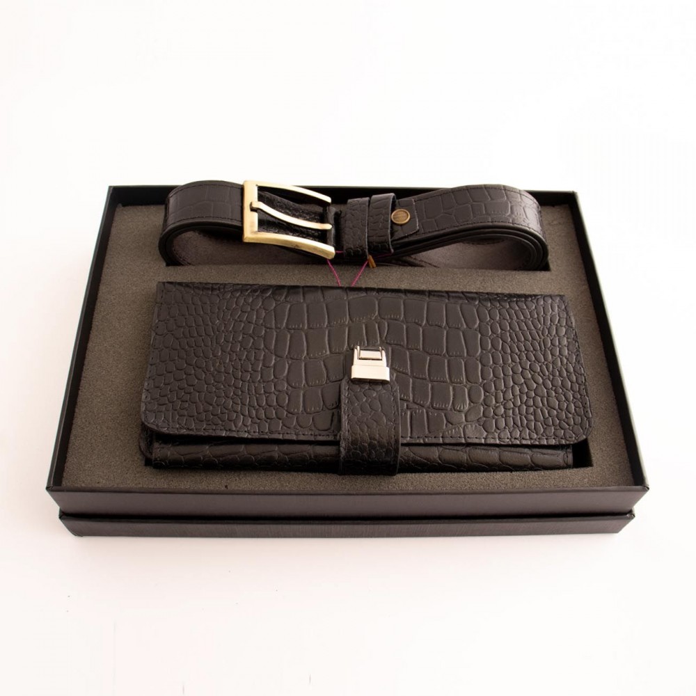 ست کیف و کمربند چرم طبیعی طرح کروکودیل مردانه مشکی کد 107