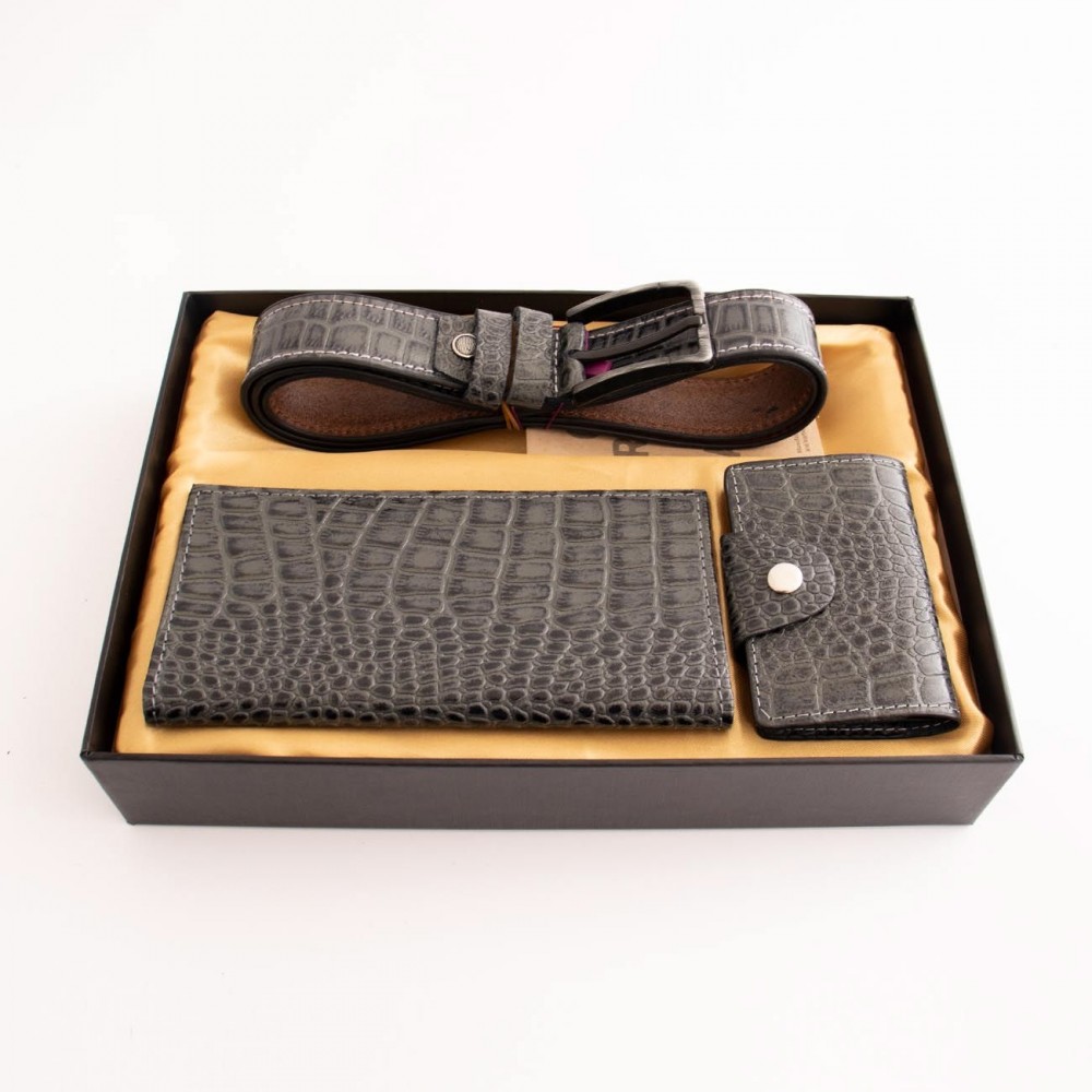 ست کیف و کمربند چرم طبیعی طرح کروکودیل مردانه طوسی سه تکه کد 110