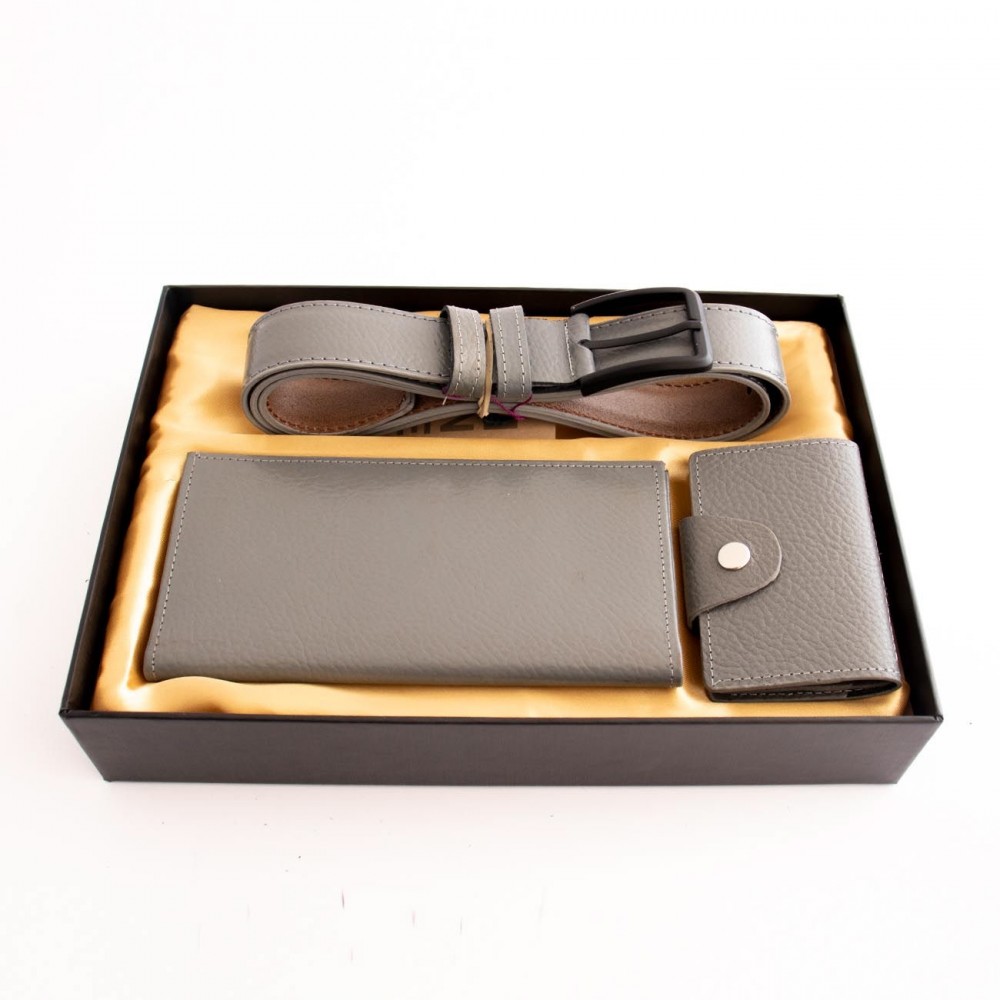 ست کیف و کمربند چرم طبیعی طرح فلوتر مردانه طوسی سه تکه کد 111