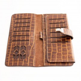 ست کیف و کمربند چرم طبیعی طرح کروکودیل مردانه قهوه ای -عسلی دو تکه کد 112