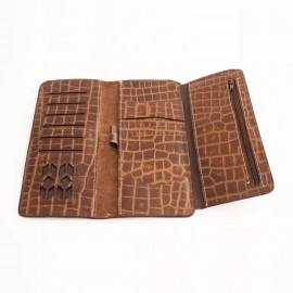 ست کیف و کمربند چرم طبیعی طرح کروکودیل مردانه قهوه ای -عسلی دو تکه کد 112