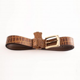 ست کیف و کمربند چرم طبیعی طرح کروکودیل مردانه قهوه ای -عسلی دو تکه کد 112