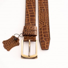 ست کیف و کمربند چرم طبیعی طرح کروکودیل مردانه قهوه ای -عسلی دو تکه کد 112