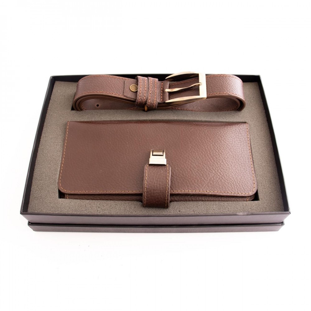 ست کیف و کمربند چرم طبیعی طرح فلوتر مردانه قهوه ای دو تکه کد 113